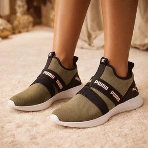 Puma Women's Olive and Black Slip-On Sneakers